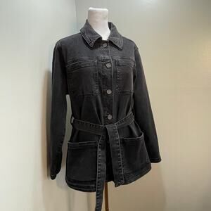 GIBSON LATIMER Women’s Black Wash Denim Belted Tie Waist Button Up Jacket SZ M